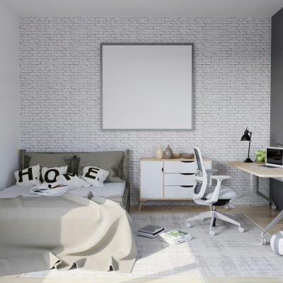 Bright modern minimalist bedroom featuring a desk workspace, bed, and decor accents. Perfect for home interior inspiration.