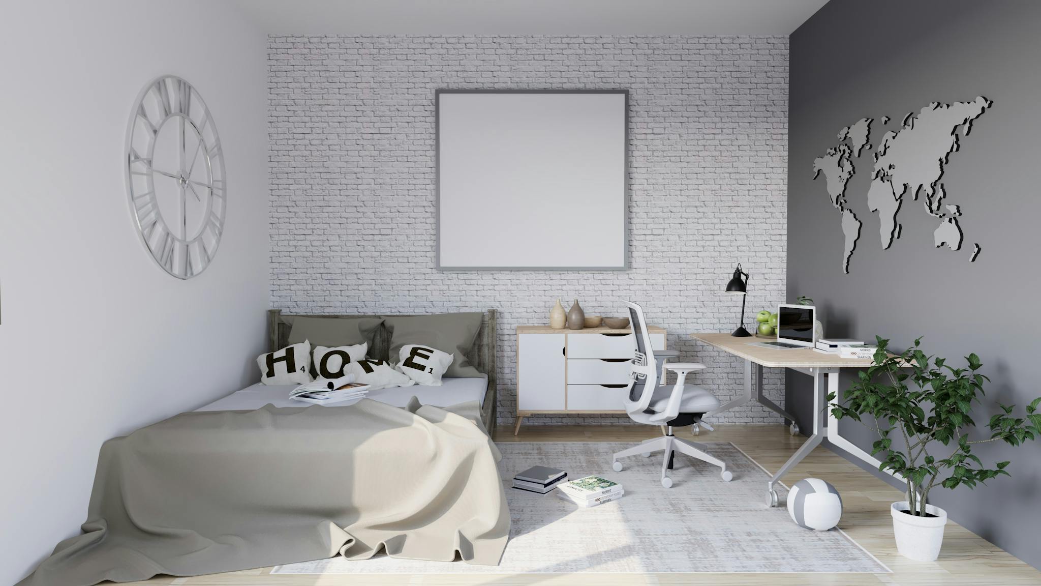 Bright modern minimalist bedroom featuring a desk workspace, bed, and decor accents. Perfect for home interior inspiration.